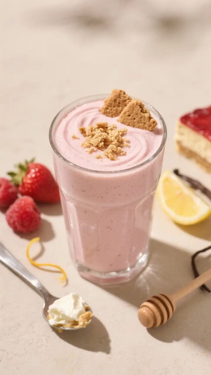 45-degree plated shot of a Strawberry Cheesecake Power Sipper poured into a clear highball glass, ultra-creamy pale pink smoothie with a swirl on top, crowned with crumbled graham cracker. Props show ingredients: frozen strawberries, a spoonful of cream cheese or cashew butter, lemon wedge and zest curls, vanilla protein scoop, and a small honey dipper. Soft dessert vibes, cheesecake energy, warm neutral backdrop, gentle highlights to emphasize gloss and thickness.