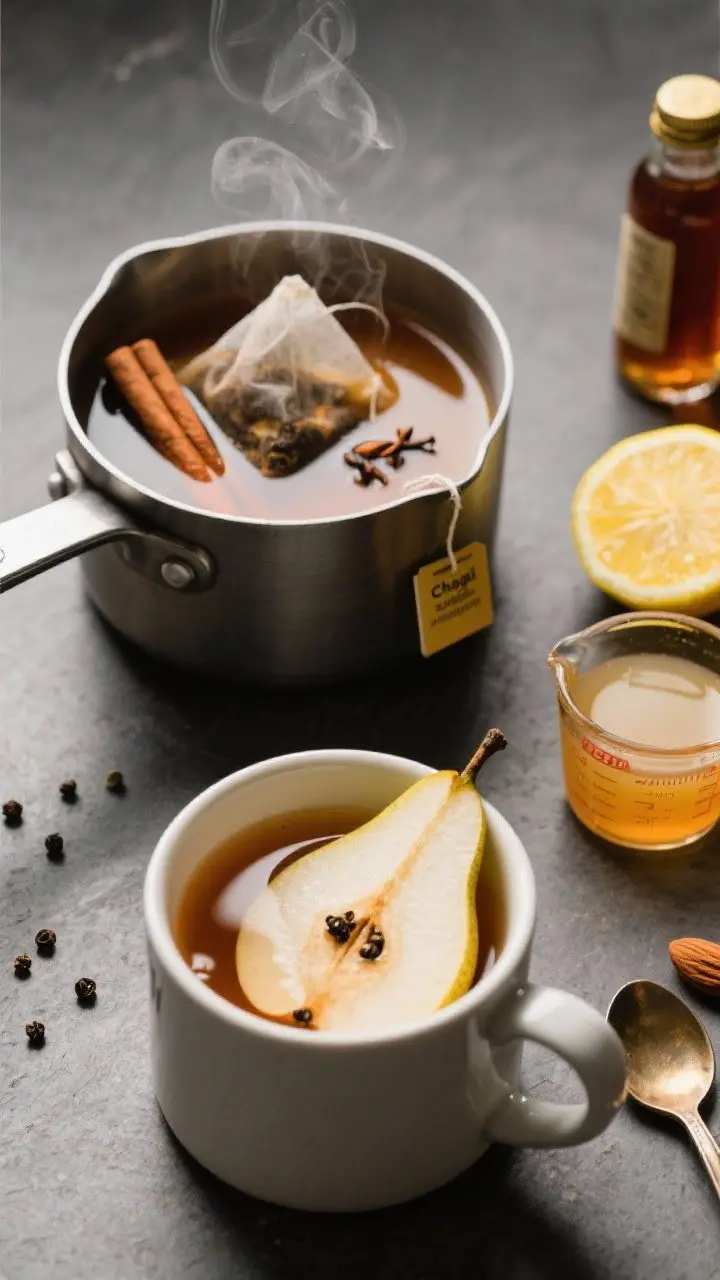 45-degree process shot of the Chai-Spiked Pear and Black Pepper Sipper in a small saucepan: chai tea bag string draped over the edge as it steeps with a small cinnamon stick, 2 whole cloves, and a few lightly cracked black peppercorns visible in the amber liquid; pear juice in a measuring cup waiting to be added, lemon wedge and honey jar with a spoon nearby; optional almond extract bottle subtly included; later-stage mug preview with a thin pear slice garnish and a single grind of black pepper off to the side; clean, moody lighting to emphasize steam and spice textures.