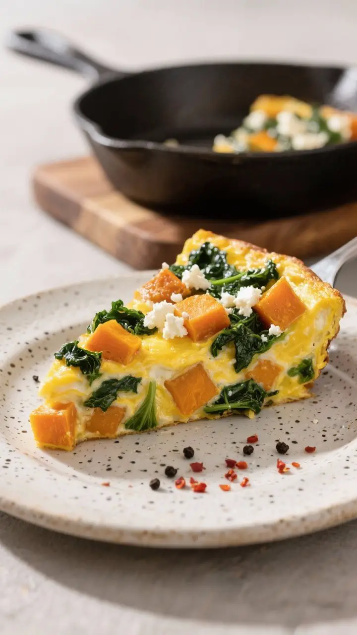 45-degree slice-on-plate presentation of savory butternut squash, kale, and feta frittata: custardy yellow eggs studded with caramelized squash cubes, wilted kale, and crumbled feta on top; clean wedge lifted to show tender interior set just in the center; served on a speckled stoneware plate with black pepper and red pepper flakes; the oven-safe skillet in background on a wooden board, bright natural light.