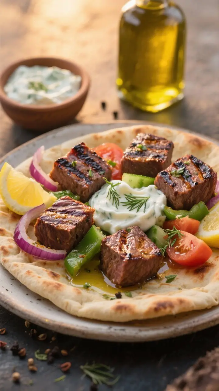 5-inch beef cubes, blistered red onion and green bell pepper pieces, visible oregano and cumin flecks, glistening with extra-virgin olive oil. Served on warm pita with a generous swirl of lemon-herb tzatziki (Greek yogurt, grated cucumber, dill), sliced tomatoes, lemon wedges, and a sprinkle of black pepper. Golden evening light, shallow depth of field, a small bowl of tzatziki and a bottle of olive oil in the background, no people, crisp, appetizing grill marks and smoky edges.