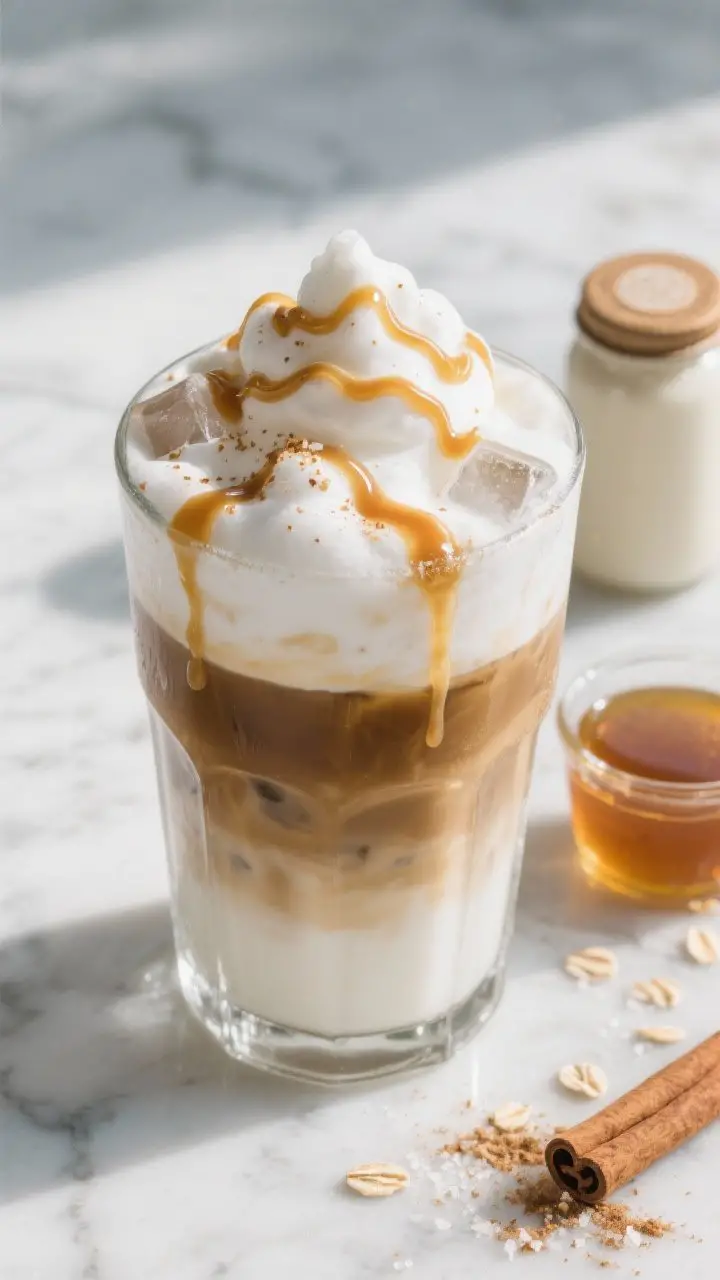 A 45-degree angle close-up of an iced oat latte cloud in a tall chilled glass: layered cooled espresso at the base, a slow-poured frothy oat milk “cloud” floating on top, zigzag cinnamon-honey drizzle flowing over the foam and streaking down the inside of the glass; visible ice cubes, tiny flecks of ground cinnamon, and a sprinkle of fine sea salt shimmer; set on a cool marble surface with a small cup of the cinnamon-vanilla honey syrup and a jar lid from shaking the oat milk nearby; clean, bright morning light for creamy textures and glossy drizzle.