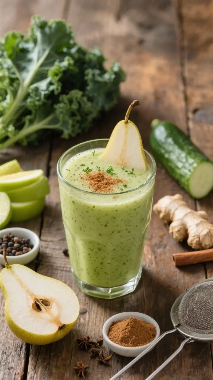 A 45-degree angle close-up of the Pear Spice Defender green juice in a clear tumbler, silky pale-green with tiny kale microflecks; finished with a dusting of cinnamon and a delicate pear slice perched on the rim. Surrounding scene on a rustic wood table: cored ripe pear halves, a small bunch of kale leaves (stems removed), a small cucumber (partly peeled), a few green apple slices, a peeled lemon half, a peeled ginger nub, tiny pinch bowls with ground cinnamon, ground cloves/allspice, and freshly ground black pepper, plus a strainer to suggest optional straining. Cool, crisp lighting to keep greens fresh; autumnal yet refreshing styling, no people, professional editorial sharpness.