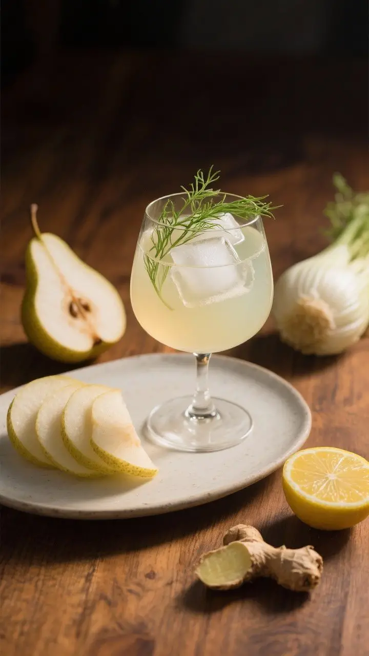 A 45-degree angle, elegant plated presentation of Pear and Fennel Digestive Reset: pale, translucent juice poured over 3–4 ice cubes in a stemless wine glass, garnished with delicate fennel fronds; surrounding props include ripe pear halves, a sliced fennel bulb showing its layers, a peeled ginger piece, and a halved lemon; calm evening mood with soft shadows on a warm wood tabletop, refined and aromatic.