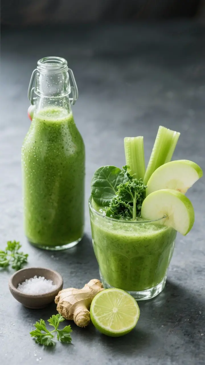 A 45-degree angle shot of the final Green Goddess Gut-Soother poured into a clear bottle and a short glass with condensation, showing a luminous green hue and ultra-fine texture; styled with sliced green apple, cucumber rounds, celery stalks, a handful of spinach and kale, a peeled 1-inch ginger nub, and a halved lime; include a tiny pinch bowl of sea salt and a sprig of parsley to hint at optional herb bite; clean, fresh, gut-soothing vibe on a cool slate surface.