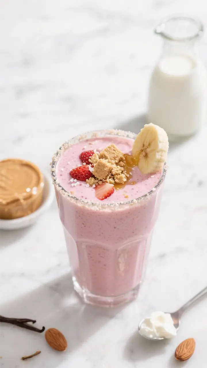 A 45-degree angle shot of the Strawberry Shortcake Sprint Smoothie poured thick into a clear chilled glass, creamy pink from frozen strawberries and half a banana, topped with a crumble of whole-grain graham cracker and a tiny drizzle of honey, with visible specks of vanilla and a pinch of sea salt on the rim. Style a small dish of almond butter, a scoop of vanilla protein powder, Greek yogurt in a spoon, and unsweetened almond milk in a mini carafe in the background. Bright, clean lighting on a white marble surface to emphasize the dessert-like shortcake vibe and frosty texture, no people.