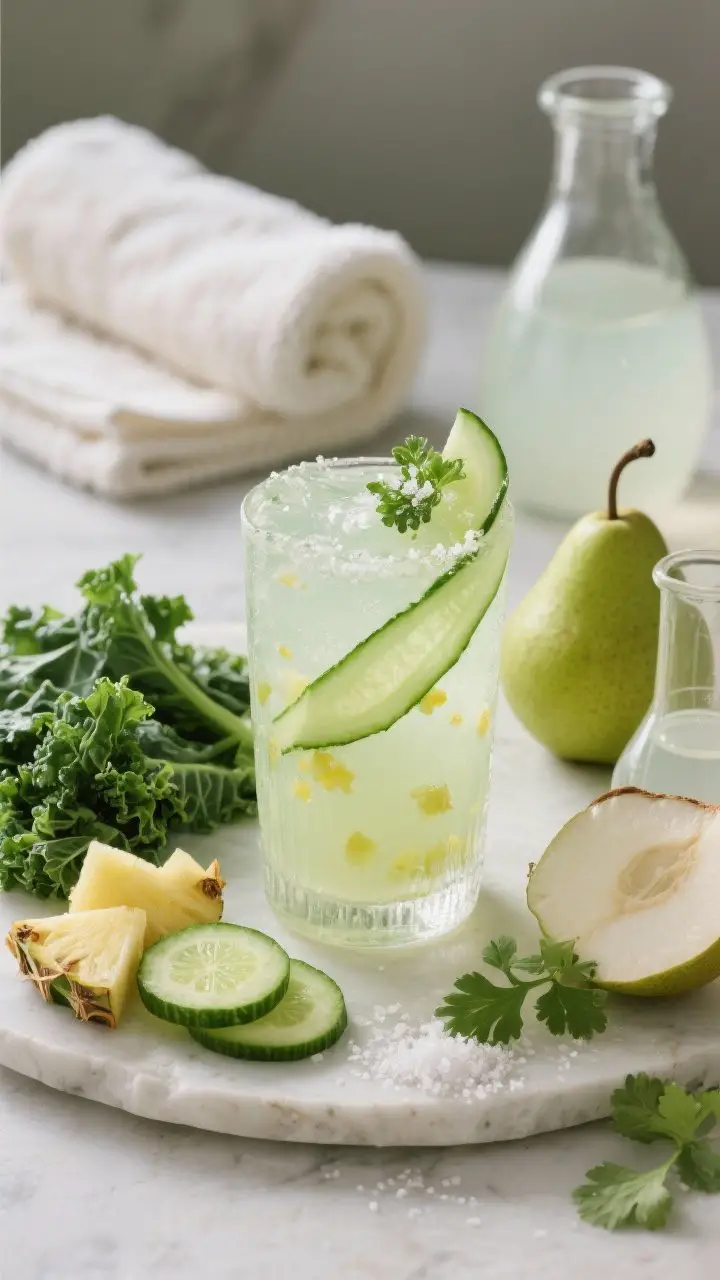 A 45-degree angle, spa-like plated presentation of the “Cucumber Kale Cooler” in a frosty highball glass, pale-green and translucent with tiny pineapple pulp glints, topped with a thin cucumber ribbon and a micro-pinch of sea salt on the surface. Place nearby props: a pile of chopped kale, cucumber coins, fresh pineapple chunks, half a green pear, a peeled half lime, a few cilantro leaves, and a small beaker of cold coconut water. Cool, serene color palette, soft diffused light, faint condensation, set on light stone with a spa towel and glass carafe in the background.