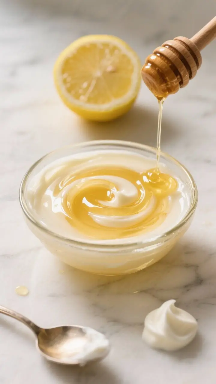 A 45-degree close-up of a small glass bowl with a glossy honey-lemon glow mask being whisked until smooth: raw honey ribbons glistening, a few drops of freshly squeezed, strained lemon juice, and a spoonful of plain Greek yogurt creating a creamy, pale golden texture. Style on a light marble surface with a halved lemon, a wooden honey dipper with slow drips, and a tiny yogurt dollop nearby. Soft morning spa-like light, minimal props, clean edges, no people—focus on the silky, dewy sheen that suggests hydration and gentle brightness.