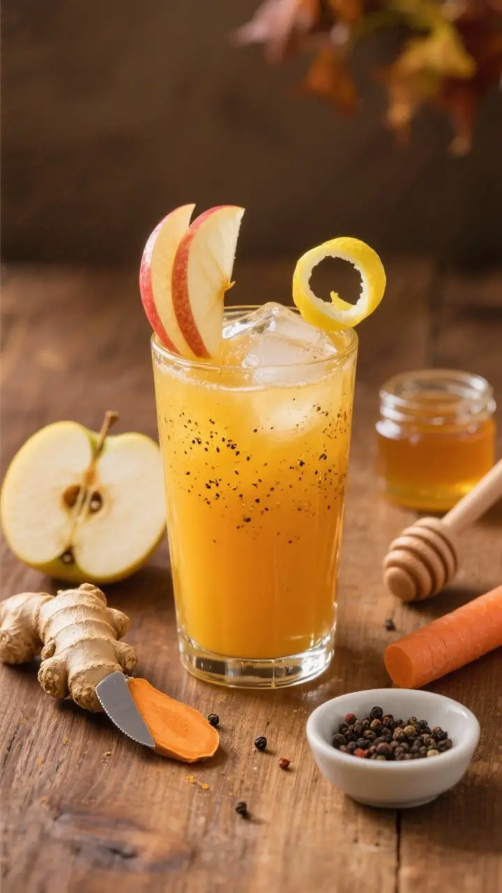 A 45-degree close-up of the Golden Orchard Glow juice in a clear highball glass over ice, showcasing a vibrant golden-orange hue with visible micro-specks of black pepper on the surface; garnish with a thin apple fan and a lemon twist. In the soft-focus background on a warm wood surface: raw ingredients arranged naturally—cored Honeycrisp apple slices, peeled lemon wedges, a peeled 1-inch ginger knob, a peeled 1-inch turmeric knob (staining knife tip slightly), a small peeled carrot, a tiny pinch bowl of freshly ground black pepper, and a small jar of raw honey with a wooden dipper. Side lighting to highlight juice clarity and turmeric glow; minimal props, cozy fall mood, clean glass condensation for freshness.