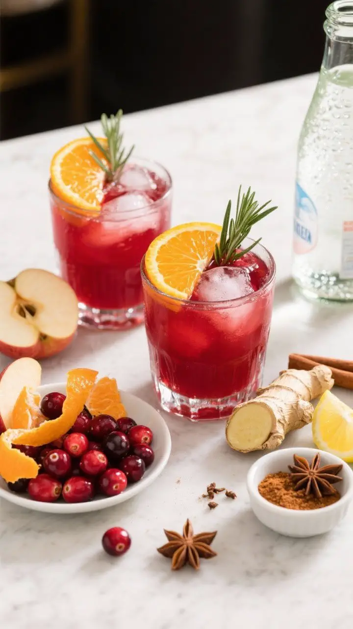 A 45-degree entertaining-ready presentation of Spiced Cranberry-Orange Immune Blaster: two lowball glasses over ice with striking crimson juice, garnished with an orange wheel and a rosemary sprig; on the side, a small dish of fresh cranberries, peeled orange peels, a slice of apple, ginger coins, lemon wedge, and a tiny pinch bowl of ground clove with a whole star anise nearby; optional sparkling water bottle in the background to suggest a spritz; festive, clean, high-shine highlights.