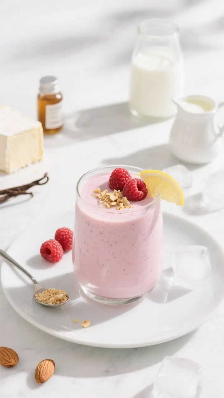 A 45-degree plated presentation of a berry cheesecake breakfast keto shake in a stemless glass, pale pink hue from raspberries, ultra-smooth and creamy with a slight sheen. Garnished with 2–3 fresh raspberries and a sprinkle of crushed toasted almonds to emulate “crust,” plus a tiny lemon twist on the base to hint at lemon juice. In the scene: softened cream cheese block, vanilla extract bottle, scoop of vanilla collagen, and a few ice cubes; almond milk and heavy cream in mini pitchers. Bright morning light, crisp white backdrop for a fresh breakfast mood.