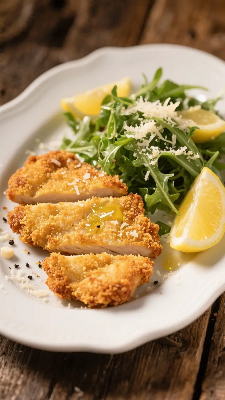 A 45-degree plated shot of Crispy Parmesan Chicken Milanese: two thin, golden cutlets with a shatteringly crisp panko-Parmesan crust, topped with a bright lemony arugula salad glistening with extra-virgin olive oil. Include lemon wedges on the side, visible flecks of black pepper and garlic powder texture on the crust, and a light microplane snowfall of Parmesan over the greens. Styled on a white ceramic plate over a rustic wooden table, warm evening light, shallow depth of field to emphasize the crunchy texture and glossy greens.