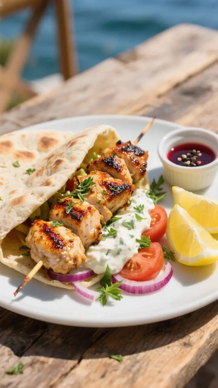 A 45-degree plated shot of Lemon-Oregano Greek Chicken Souvlaki: juicy, lightly charred chicken thigh skewers glistening with olive oil, oregano, and smoked paprika, tucked into warm pitas with a generous swipe of creamy tzatziki, sliced tomatoes, thin red onion, and chopped parsley; lemon wedges squeezed over, with extra wedges on the side; include a small ramekin of red wine vinegar and a sprinkle of black pepper; set on a sunlit rustic wooden table evoking a seaside taverna, shallow depth of field to highlight the grill marks and herb-flecked glaze.