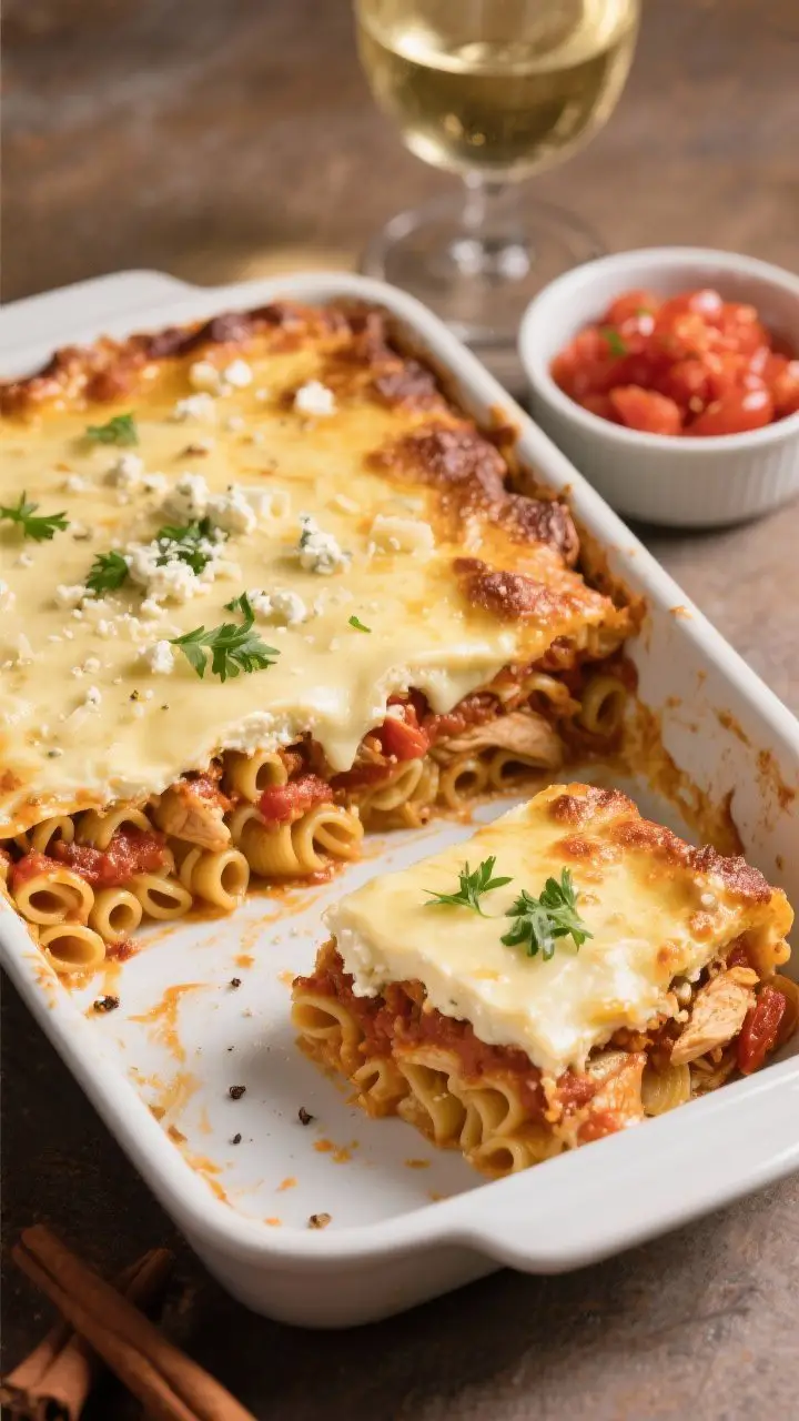 A 45-degree slice-and-serve shot of Greek Chicken Pastitsio: neatly cut square showing distinct layers—tubular pasta on the bottom, spiced tomato-chicken sauce scented with cinnamon and allspice in the middle, and a thick, golden, creamy feta béchamel crown with a hint of nutmeg; lightly browned top, a few grated Parmesan/Kefalotyri flecks, and chopped parsley garnish; set in a 9x13 baking dish with one slice plated beside it; include a small bowl of crushed tomatoes and a glass of dry white wine in the background, warm, inviting light.
