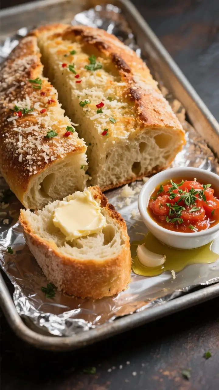 A 45-degree tray shot of Parmesan-Crusted Garlic Bread with Herby Tomato Dip: halved Italian loaf baked until edges are golden and the Parmesan forms a crisp frico-like crust over garlicky butter. Slices cut thick, showing the crunchy top and tender interior, flecked with parsley and a hint of red pepper flakes. A small bowl of warm herby crushed-tomato dip (with oregano, olive oil, grated garlic) sits beside the bread, a drizzle of olive oil on the dip; shot on a foil-lined sheet pan, cozy evening light enhancing the cheesy crisp texture.