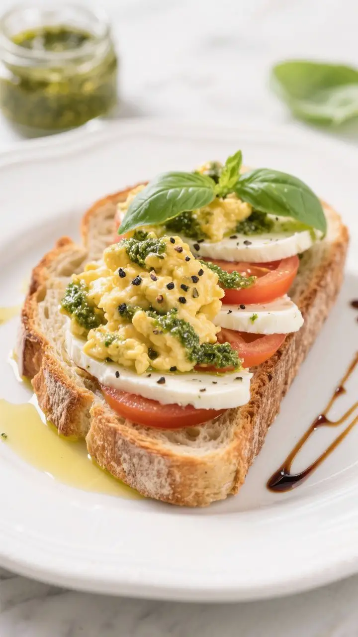 A bright 45-degree plated toast: thick slices of country sourdough brushed with olive oil, layered with fresh mozzarella and ripe tomato slices, topped with pesto-coated soft scramble; finished with basil leaves, cracked black pepper, and a delicate zigzag of balsamic glaze; clean, summery Italian vibes on a white ceramic plate with a small jar of basil pesto in the background.