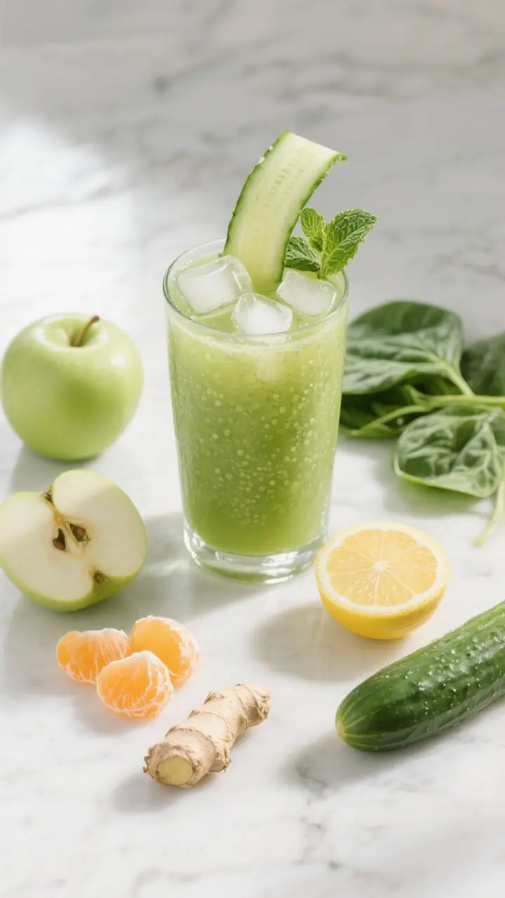 A bright, citrusy green juice styled as a final serve: a tall clear glass filled with Sunrise Spinach Apple Zing, pale emerald with tiny ginger micro-bubbles, poured over 4–6 ice cubes. Garnish with a thin cucumber ribbon and a sprig of mint. Surround the glass with the exact ingredients as subtle props: fresh spinach leaves, a sliced green apple (cored), peeled orange segments, a halved peeled lemon, a 1-inch knob of peeled ginger, and a small cucumber. Overhead flat lay on a cool white marble surface with soft morning light, crisp highlights, and minimal shadows to emphasize freshness and clarity.