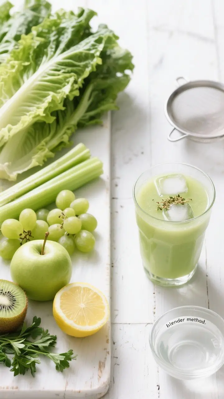 A bright overhead ingredient-to-juice transition shot for the “Sweet Green Detox”: left side shows tidy piles of romaine ribbons, celery stalks, green grapes, peeled kiwi, half a green apple, peeled half lemon, and parsley sprigs; right side shows the finished pale-green juice in a clean tumbler with a couple of ice cubes and a tiny dusting of ground coriander on top. Include a fine-mesh sieve and a small bowl of water labeled “blender method.” Clean, airy styling on a whitewashed board, emphasizing crisp textures and gentle sweetness.