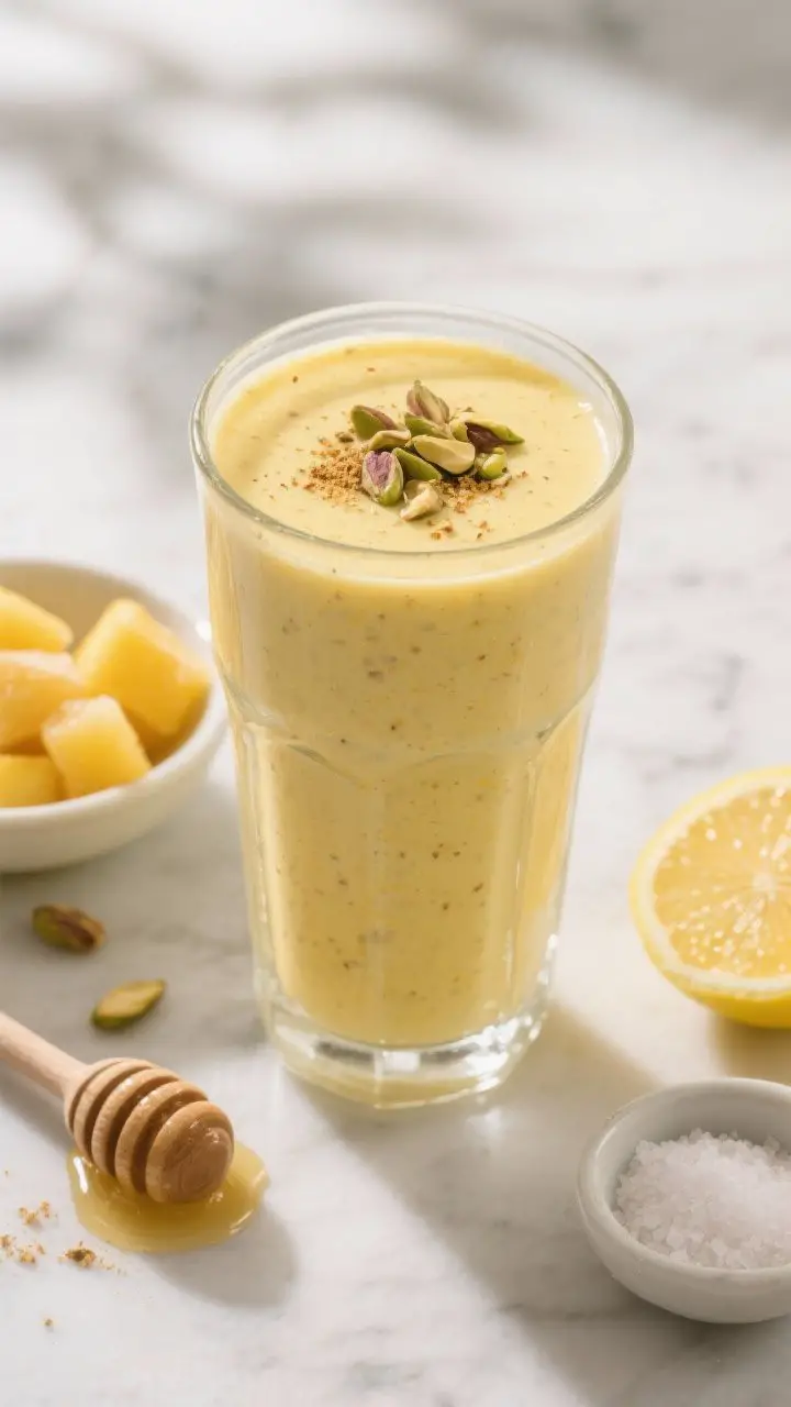 A close-up, 45-degree angle shot of a creamy Mango Lassi Power Shake in a chilled clear glass, ultra-smooth texture with tiny cardamom specks visible, topped with a light sprinkle of ground cardamom and crushed pistachios; nearby props include a small bowl of frozen mango chunks, a scoop of vanilla protein powder, a spoon with honey drizzle, a wedge of lemon, and a pinch bowl of salt; color palette of sunny mango yellow and soft cream on a light marble surface with gentle morning light, Indian lassi vibes, no people, professional studio quality.