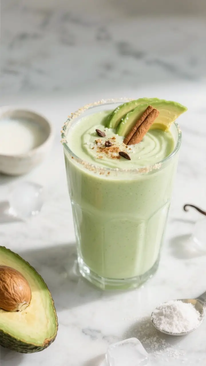 A close-up, 45-degree angle shot of a thick, creamy avocado vanilla keto shake poured into a chilled clear glass, silky custard-like texture with faint ripples; pale mint-green color from 1/2 avocado, topped with a light sprinkle of cinnamon and a few cacao nibs, tiny sea salt crystals visible on the rim. Style props: small bowl of unsweetened almond milk, a scoop of vanilla collagen powder with a tiny heap of powdered erythritol, a halved ripe avocado, and a few ice cubes scattered. Background: soft neutral marble, morning light for a clean, wholesome breakfast mood.