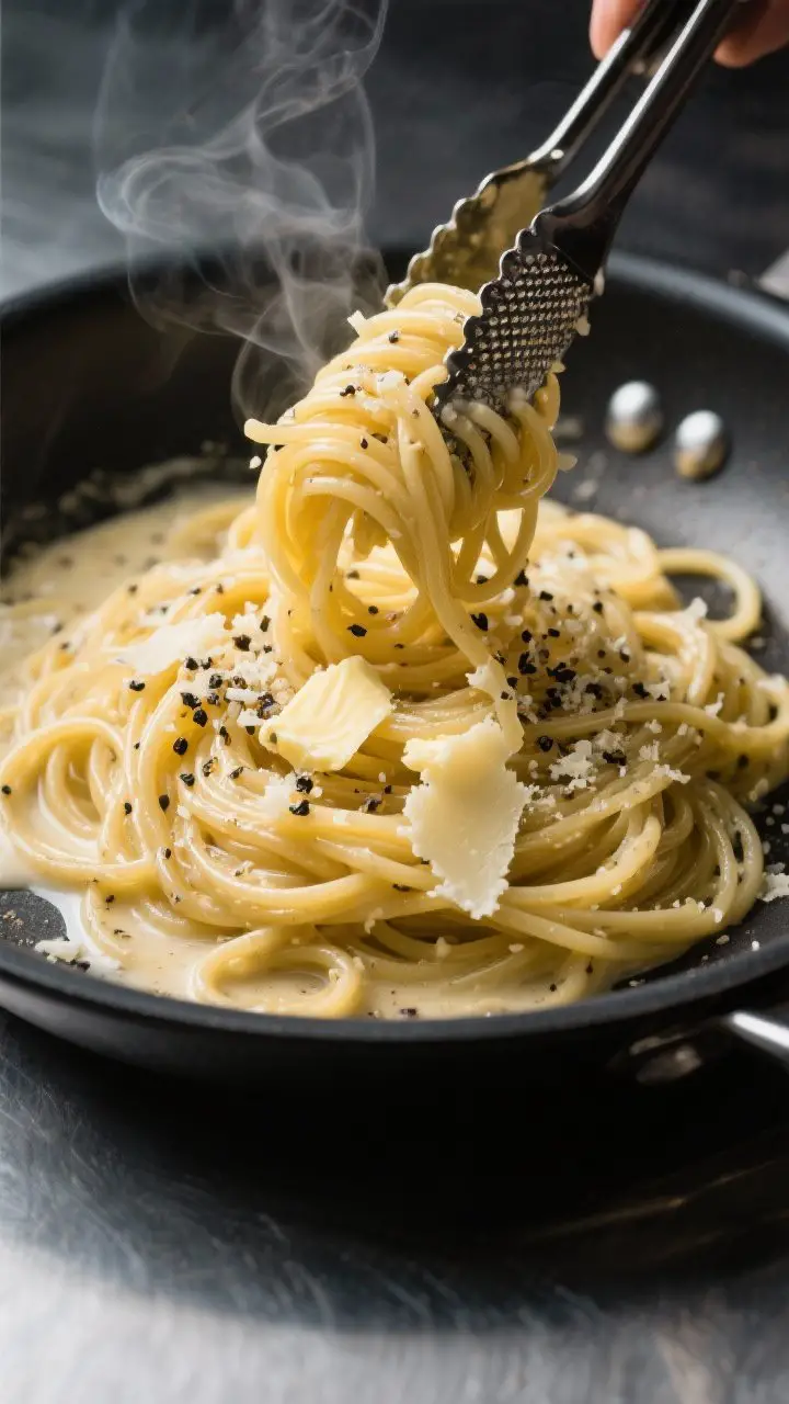 A close-up action shot of Spaghetti Cacio e Pepe with a Parmesan twist: glossy strands of spaghetti being twirled with tongs in a skillet, the sauce emulsified with butter and microplane-fine Parmesan, speckled generously with freshly cracked black pepper. Visible steam rising, a small pool of starchy pasta water in the pan, and curls of cheese melting into a velvety sheen. Shot at a 45-degree angle, dark matte skillet on a stainless surface, minimal props to keep focus on the silky, peppery sauce.