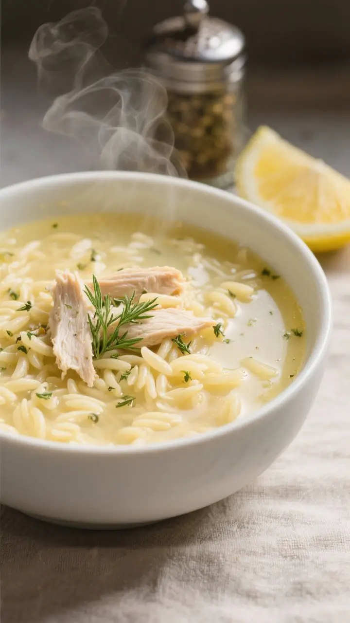 A close-up bowl shot of Avgolemono-inspired Chicken Orzo Soup: silky, pale-yellow broth with visible orzo, tender shreds of chicken, tiny flecks of dried oregano, and a finish of fresh dill; the surface sheen suggests egg-lemon emulsification—no boil bubbles; a lemon wedge and pepper grinder in the background, served in a matte white bowl on a soft neutral linen, gentle steam rising to convey warmth and comfort.