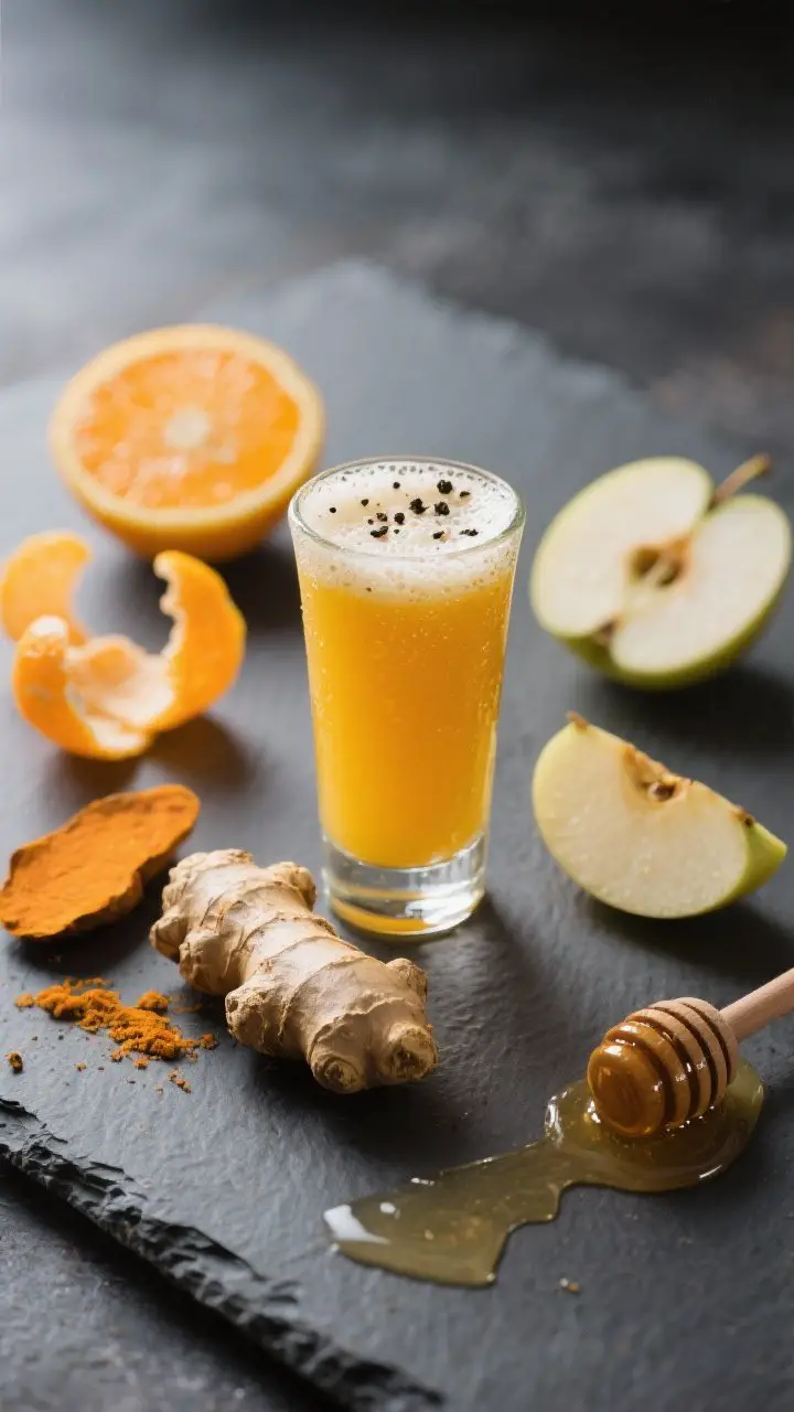 A close-up, moody shot of tiny glass juice shots filled with a vivid golden-orange ginger-citrus elixir, micro-foam on top, flecks of black pepper visible; styled on a cool slate surface with peeled orange and lemon segments, a knob of fresh ginger and turmeric (cut to show bright interiors), a small cored apple wedge, and a honey dipper with a glisten of raw honey; shallow depth of field, morning light, no people, crisp condensation on the glass for an invigorating feel.