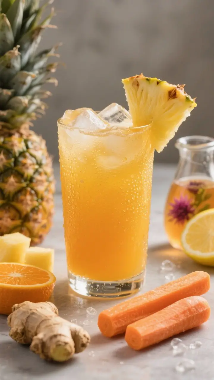 A close-up tropical-meets-fall cooler: condensation-beaded highball glass of Pineapple, Carrot & Echinacea Cooler, bright golden-orange with a silky look, garnished with a thin pineapple wedge; surrounding elements include fresh pineapple chunks, peeled carrot sticks, a peeled small orange, a ginger nub, a small carafe of cooled echinacea tea, and a lemon wedge; cool, refreshing vibe with soft natural light and a few ice cubes to signal “I feel something coming on” comfort.