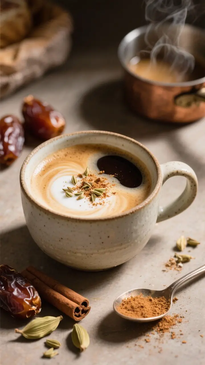 A cozy 45-degree angle shot of a spiced cardamom date latte, hot version: silky, lightly frothy milk blended with dates poured over a waiting double shot of espresso in a ceramic mug, creating subtle marbling; a fine sprinkle of ground cardamom and cinnamon on the foam; supporting elements include cardamom pods (some lightly crushed), a couple of pitted Medjool dates, a small saucepan with residual steam, and a spoon dusted with spices; warm, bakery-like ambiance with soft shadows to convey comforting aromas.