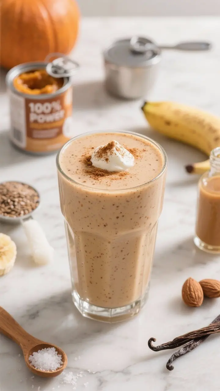 A cozy, dessert-for-breakfast vibe: a 45-degree shot of a thick Pumpkin Pie Power Shake poured into a chilled clear glass on a marble surface, ultra creamy and frosty with visible cinnamon specks; garnished with a tiny dollop of Greek yogurt and a sprinkle of cinnamon on top, a vanilla protein powder scoop and open can of 100% pumpkin puree in soft focus, with a small frozen banana, almond butter spoon, ground flaxseed, nutmeg, vanilla extract bottle, and a pinch of sea salt styled nearby; warm autumnal tones, soft morning light, shallow depth of field, no people, professional studio quality.