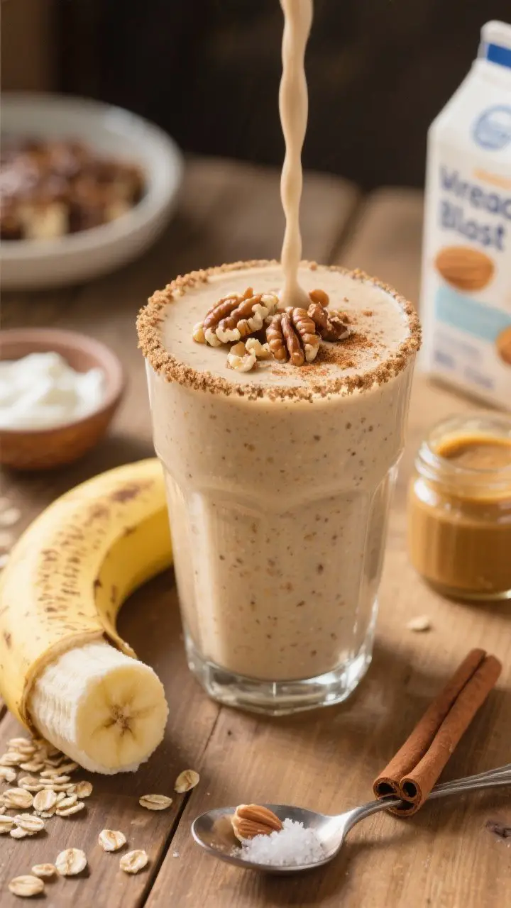 A cozy, dessert-like Banana Bread Bliss oatmeal smoothie styled as a final presentation: a thick, creamy beige smoothie poured into a clear glass, topped with a sprinkle of ground cinnamon and chopped walnuts, with visible rolled oats dusted on the rim. Include prop elements that hint at ingredients: a ripe frozen banana chunk, a spoonful of almond butter, a small jar of maple syrup, a pinch of sea salt in a pinch bowl, and a cinnamon stick. Shoot at a 45-degree angle on a warm wooden surface with soft morning light; add a blurred background of a small bowl of Greek yogurt and almond milk carton. Emphasize velvety texture, subtle banana flecks, and cozy latte vibes.