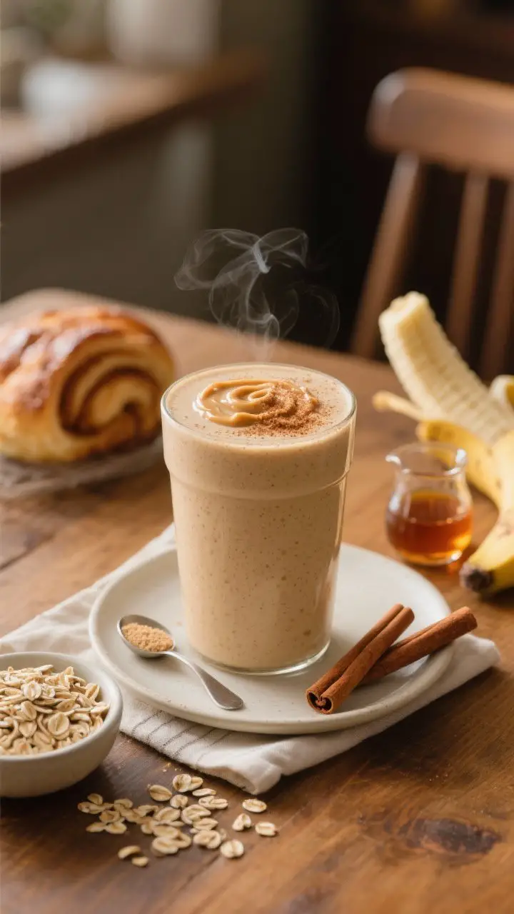 A cozy, straight-on plated presentation of the Cinnamon Roll Oats & Whey smoothie in a short, wide tumbler with a thick, creamy beige hue and visible oat-smooth texture; a cinnamon dusting on top and a delicate swirl of almond butter like a “glaze”; set on a warm wooden table with a small bowl of old-fashioned oats, a scoop of vanilla protein, a cinnamon stick, a tiny pitcher of maple syrup, and a frozen banana slice; soft morning light evoking bakery vibes, with a napkin and subtle steam-like condensation suggesting just-blended warmth.