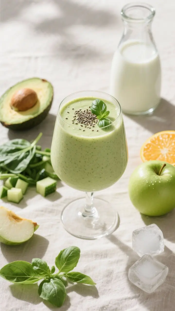 A creamy, smoothie-like final presentation at a 45-degree angle for the “Creamy Avocado Green Cleanse”: a thick, velvety pale-green pour into a stemless wine glass, topped with a sprinkle of chia seeds and a basil leaf. Surround with hero ingredients: a halved ripe avocado, baby spinach, chopped cucumber, half green apple, peeled half orange and half lime, fresh basil sprigs, a small carafe of cold water/unsweetened almond milk, and 2–3 ice cubes beginning to sweat. Bright, inviting morning light on a neutral linen, emphasizing lush texture and citrus-herb freshness.