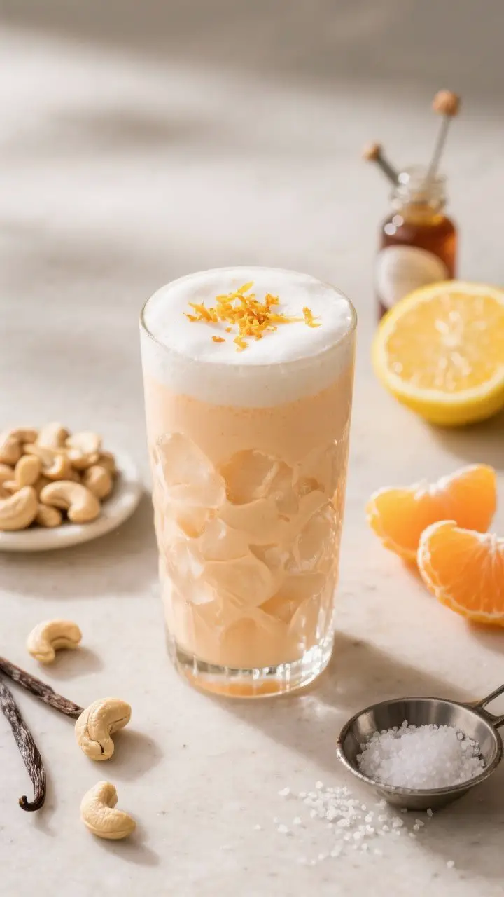 A creamy straight-on hero shot of the Creamy Dreamsicle Citrus + Cashew Cleanse in a chilled highball over crushed ice, plush pale creamsicle-orange hue with frothy top, finished with a sprinkle of fresh orange zest; nearby elements: a small pile of soaked raw cashews, vanilla extract vial, maple syrup dripper, a pinch of sea salt, and peeled orange segments with a peeled lemon half; soft, cozy afternoon light, ultra-smooth texture emphasized for an indulgent yet clean feel