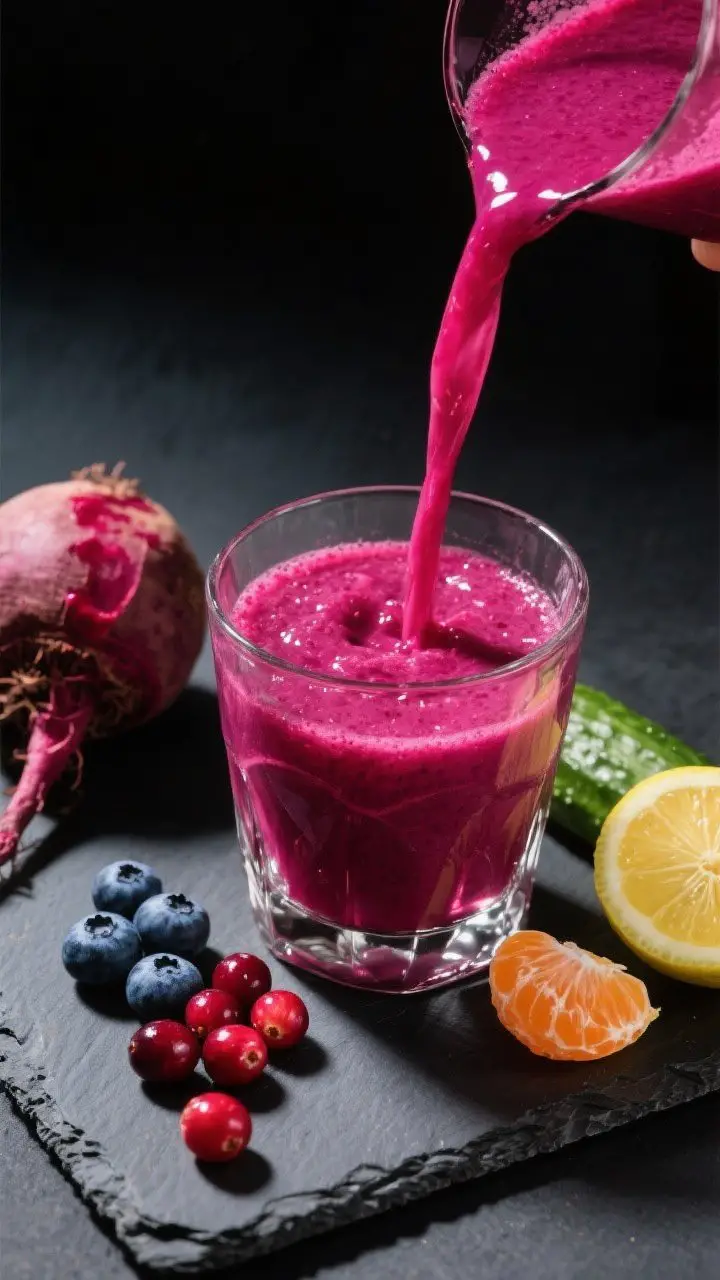 A dramatic 45-degree angle close-up of the Berry-Bright Cranberry Beet Cleanser mid-pour into a clear rocks glass, capturing the thick, velvety magenta stream and glossy surface; props include a peeled raw beet with ruby stains, a small handful of blueberries, fresh cranberries, a peeled clementine segment, half a cucumber, and a lemon wedge ready to squeeze; dark slate backdrop to make colors pop, subtle side lighting to emphasize depth and antioxidant-rich intensity, no people, high contrast for a bold, revitalizing mood
