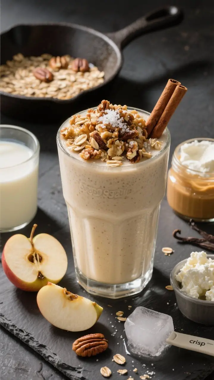 A dramatic overhead shot of the Apple Crisp Post-Workout Shake emphasizing texture: an extra-thick vanilla-apple shake in a tall glass with visible frosty body, topped generously with the “crisp” mixture—rolled oats, chopped pecans/walnuts, cinnamon, a glisten of maple, and flaky salt. Surround with key components: frozen apple chunks, dairy/high-protein milk, vanilla protein scoop, cottage cheese or Greek yogurt, peanut/almond butter, vanilla extract, ice. Include a small skillet with lightly toasted oats and nuts to convey the optional toasting step. Strong directional light to make the crunchy topping pop.