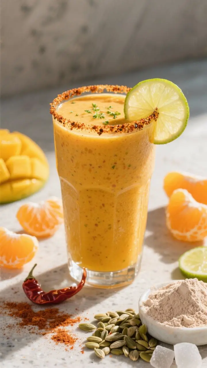 A dynamic 45-degree angle shot of the Spicy Mango Protein Sunrise smoothie poured into a tall glass, frosty and vivid golden-orange with visible flecks of lime zest; the rim coated with lime juice and Tajín, a thin lime wheel garnish; surrounding elements: peeled orange segments, a sprinkle of chili powder, hemp hearts, a scoop of protein powder, and frozen mango; styled on a sunlit countertop with a small trail of chili-lime seasoning, capturing the chili-lime kick and beach-stand energy, no people.