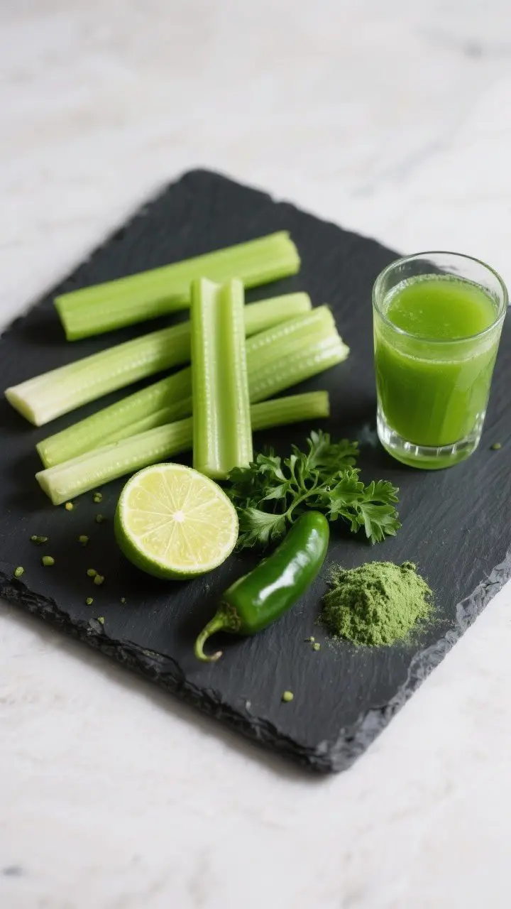 A minimalist, low-sugar Spicy Celery Lime Wake-Up Shot captured as an ingredient-focused overhead: neatly aligned raw components on a dark slate board—six celery stalks, half a large cucumber, a peeled half lime, a small handful of fresh parsley, a quarter jalapeño with visible seeds beside it, and a tiny mound of spirulina powder. Inset a small clear shot glass of vivid green juice to one side, bold and bright. High contrast, directional light to emphasize textures of celery ribs and jalapeño, with a clean, punchy, wellness-lab aesthetic.