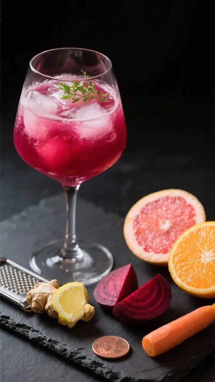 A moody 45-degree angle shot of the Ruby Red Beet-Citrus Refresher in a clear stemless wine glass over ice, intensely magenta with a glossy surface, tiny ginger micro-grater and lemon wedge off to the side; include raw ingredients partly prepped: peeled beet quarters, a peeled pink grapefruit half, a peeled orange, a small carrot, and a coin of fresh ginger; dark slate backdrop to make the color pop, clean highlights for a polished, appetizing finish