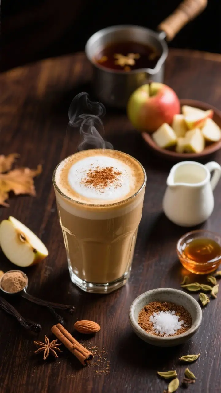 A moody barista-style 45-degree shot of the Chai-Spiced Apple Protein Latte served warm: a latte glass with silky froth, cinnamon dusting on top, and gentle steam. Include props that signal the recipe: a small pot of strong brewed chai tea, chopped apple (some lightly softened), a scoop of vanilla/chai protein, cardamom pod or ground cardamom, maple syrup, almond milk in a tiny pitcher, and a pinch bowl of salt. Set on a dark walnut table with cozy autumn lighting, tight composition highlighting creamy, latte-like texture and chai spice warmth.