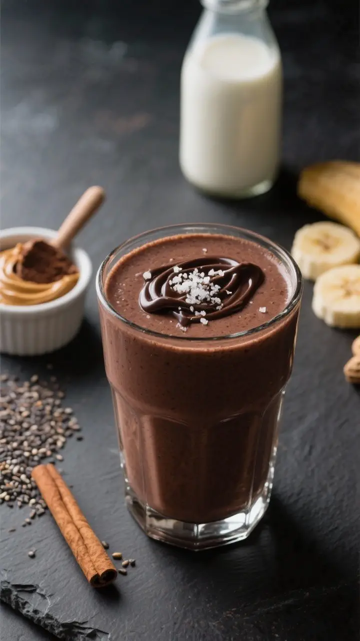 A moody close-up, straight-on shot of the Chocolate PB Muscle Reset smoothie in a heavy rocks glass, ultra-frosty and thick, deep cocoa color, finished with a micro drizzle of melted dark chocolate and a sprinkle of flaky sea salt. Include natural peanut butter swirled in a small ramekin, a scoop of chocolate protein powder, chia seeds, cinnamon stick, frozen banana pieces, and a splash of dairy or soy milk in a small bottle blurred behind. Dark slate surface and soft side light for richness and recovery-day indulgence, no people.