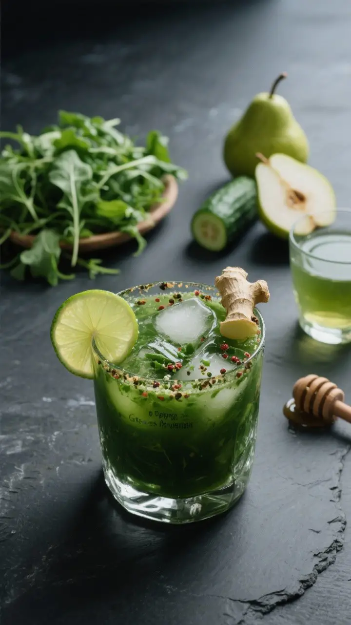 A moody straight-on close-up of “Peppery Power Greens” in a rocks glass over ice, deep-green with a slight peppery haze, garnished with a thin lime wheel and a ginger sliver on the rim. In the background, slightly out of focus: a small mound of arugula and baby spinach, a small cucumber, a green pear half, a peeled half-lime, and a small glass of cooled brewed green tea; a honey dipper rests nearby to suggest optional sweetness. Soft directional light, dark slate surface for sophistication, capturing the smart, energizing vibe.