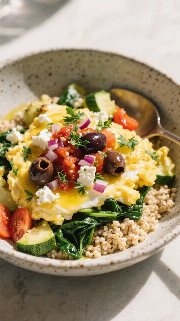 A plated 45-degree shot of Mediterranean scramble bowls: a warm bed of fluffy quinoa topped with softly set scrambled eggs folded with wilted spinach, sautéed zucchini, and crumbled feta; spoonfuls of shiny olive–tomato relish (Kalamata olives, cherry tomatoes, minced red onion) scattered over; a shower of fresh parsley and dill; drizzle sheen from olive oil; sunlit, fresh, coastal Mediterranean mood on a speckled ceramic bowl.