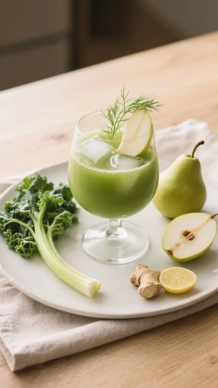 A refined plated-style scene at a 45-degree angle for Pear, Kale & Fennel Glow-Up Juice: a stemless wine glass holding a silky, medium-green juice with soft opacity, poured over a few ice cubes. Elegant garnish: a delicate fennel frond resting on the rim and a thin pear slice standing inside the glass. Arrange ingredients as upscale props: kale leaves, a ripe green pear (cored, sliced), a halved small fennel bulb with visible layers, a single celery stalk, a peeled lemon half, and a peeled ginger coin. Neutral linen, light wood surface, gentle morning light for a sophisticated brunch vibe.