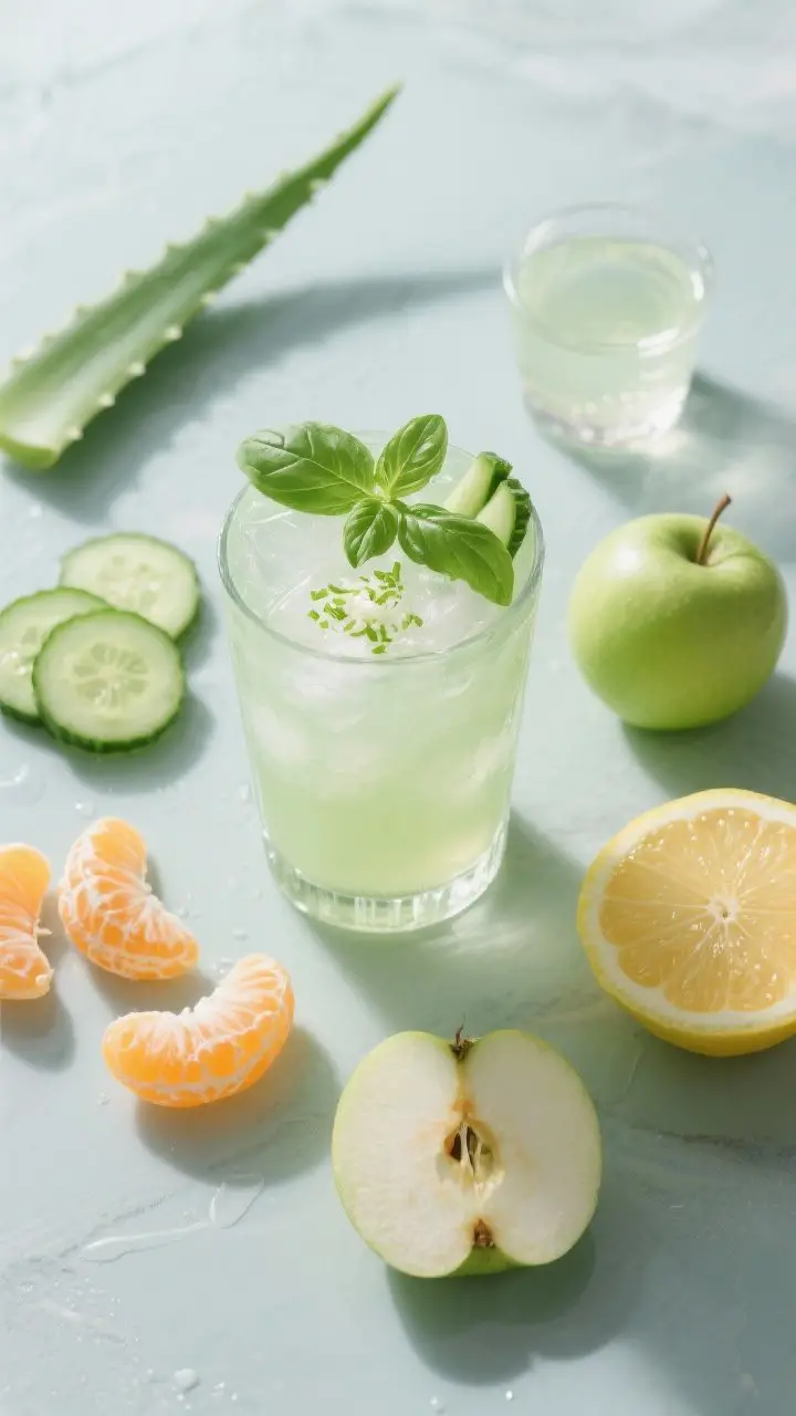 A refreshing overhead flat lay of the Cucumber Citrus Cooler in a tall glass over ice, pale green with a basil garnish and tiny grated cucumber on top; around the glass, show raw ingredients prepped: sliced cucumber rounds, peeled orange segments, a peeled lemon, a small green apple cut in wedges, a small glass of clear food-grade aloe vera juice, and fresh basil leaves; cool-toned background, spa vibes, precise styling that emphasizes hydration and gentle cleansing