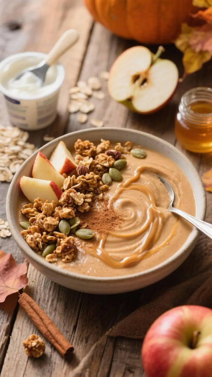 A spoonable Apple-Cinnamon Pumpkin Protein Smoothie Bowl styled as a final plated dish: 45-degree angle showing thick, swirled surface in a wide bowl, topped with reserved apple pieces, granola clusters, pumpkin seeds, and a dusting of cinnamon; a drizzle of warm almond butter ribboning over the top; nearby props include Greek yogurt cup, vanilla protein scoop, rolled oats, small jar of honey, and an apple half; autumnal color palette, rustic wooden table, soft morning light, crisp detail on crunchy toppings, no people.