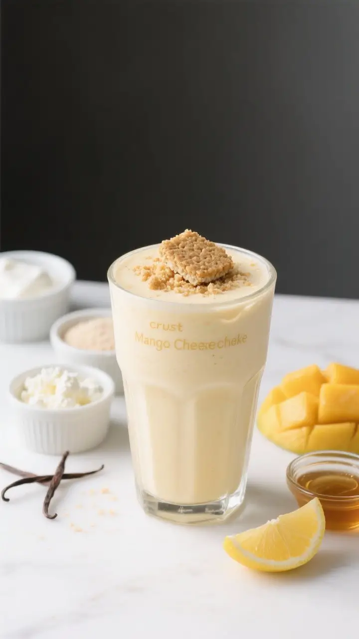 A straight-on, dessert-style presentation of the Mango Cheesecake Shake in a short, wide glass, thick and velvety with a pale mango-cream hue; dusted on top with a small mound of crushed graham crackers (or almond meal) for a “crust” effect; behind the glass: small ramekins of low-fat cottage cheese, Greek yogurt, vanilla protein powder, lemon wedge, honey, and frozen mango; subtle highlights emphasizing creaminess, clean white backdrop, minimalist props, cheesecake indulgence meets high-protein clarity, no people.