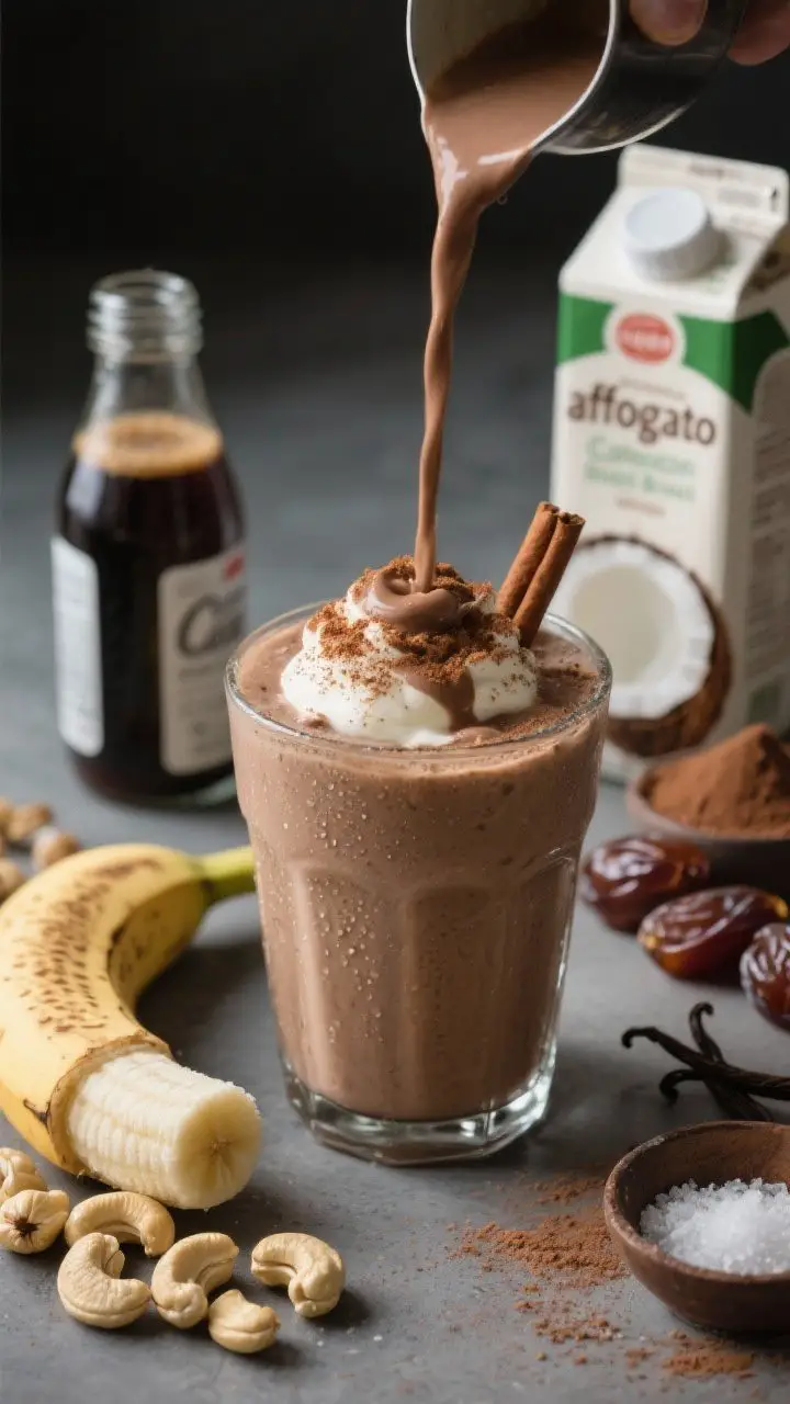 A straight-on, hero shot of a coconut cashew cold brew “affogato” smoothie poured into a chilled glass: ultra-smooth, thick, shake-like texture with a subtle mocha tint; light condensation on the glass; a soft dusting of cocoa and cinnamon on top; nearby ingredients styled in focus-friendly clusters—raw cashews (some soaked), half a frozen banana, a small bottle of strong cold brew, a can/carton of light coconut milk, dates, cocoa powder, vanilla extract, and a pinch bowl of sea salt; moody yet clean lighting to highlight creaminess and healthy indulgence.