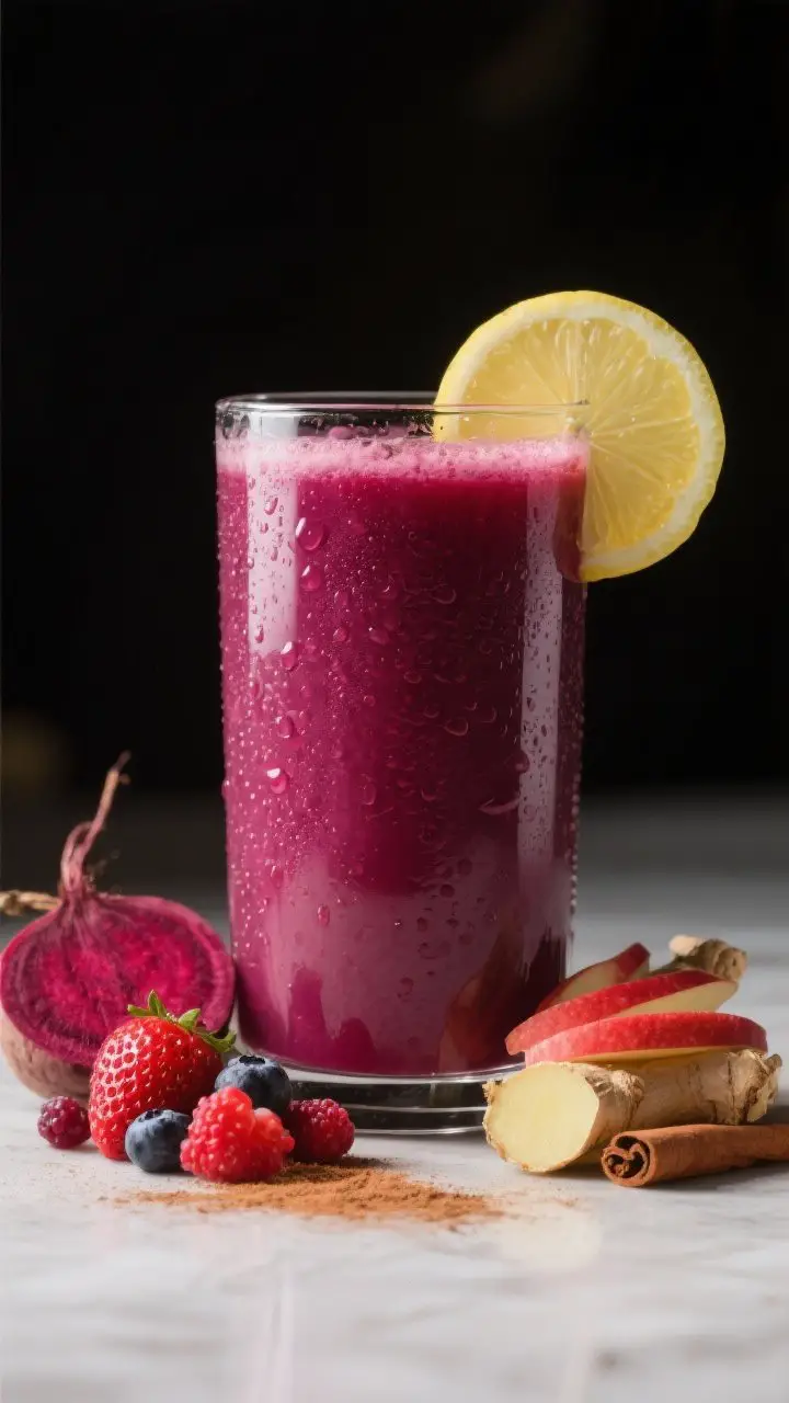 A straight-on hero shot of Beet-Berry Glow Juice in a clear cylindrical glass to showcase its deep magenta color and glossy sheen, with condensation; garnished with a thin lemon wheel on the rim; foreground accents: a small beet quarter, strawberries and mixed berries, red apple slices, and a peeled ginger piece; subtle cinnamon dusting nearby to hint at optional spice; dramatic, beauty-focused lighting for skin-glow vibes.
