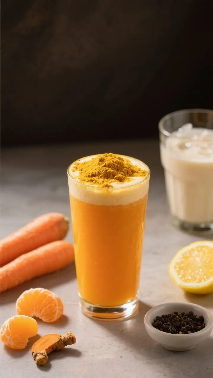 A straight-on hero shot of Carrot-Orange Sunshine juice with a thick golden turmeric foam head in a tall clear glass; warm backlight to make the orange hue glow; nearby: whole and peeled carrots, peeled orange segments, a small piece of fresh turmeric and ginger, a pinch bowl of black pepper, and a lemon wedge for optional brightness; a second glass blended creamy with a splash of coconut water set slightly out of focus, conveying comfort and classic cold-season vibes.