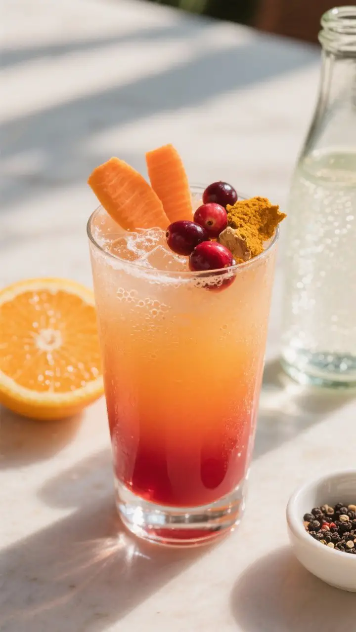 A straight-on hero shot of the Sunset Flush Cranberry-Carrot Citrus Splash in a clear curved tumbler, showcasing layered sunset hues from carrot-orange to cranberry-red; ultra-fine texture with no pulp, tiny bubbles at the rim; styled with peeled carrot coins, a halved navel orange with juicy segments, fresh cranberries, a thumb of turmeric and ginger, and a tiny pinch of black pepper on a pinch bowl; optional sparkling mineral water bottle in background for a spritz; bright afternoon light, warm tones, reflective highlights for a refreshing, mocktail-like appeal